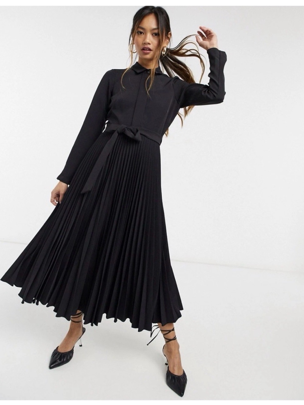 CLOSET LONDON Classic Black Long-Sleeve Pleated Midi Dress with Waist Tie 6 NWT